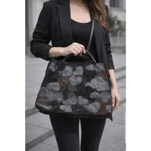 Lucky Brand Black Leather Tote Bag Flower Logo Women's